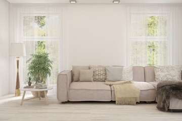 White living room with sofa and summer landscape in window. Scandinavian interior design. 3D illustration