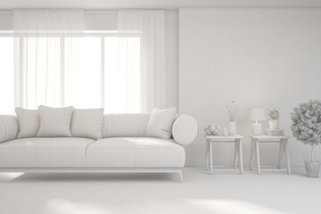 Mock up of minimalist living room in white color with sofa. Scandinavian interior design. 3D illustration