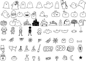 Set of halloween silhouettes black icon and big set Isolated character. Vector illustration. 