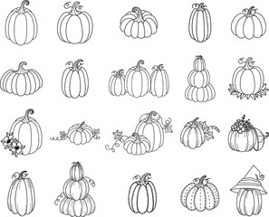 set pumpkins, black outlined big set cute hand drawn,doodle,clipart pumpkins background. vector illustration