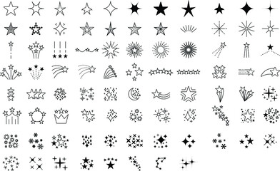 Stars and fireworks collection vector, black line art,rainbow big set isolated, star icon flat style. Vector illustration