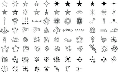 Stars and fireworks collection vector,
black line art,rainbow big set isolated, star icon
 flat style. Vector illustration