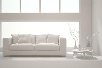 White minimalist living room with sofa. Scandinavian interior design. 3D illustration