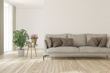 White living room with sofa. Scandinavian interior design. 3D illustration