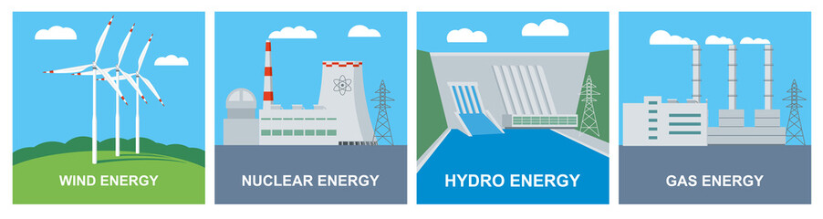 Set of pictures of power plants. Various types of energy. Wind, nuclear, gas and hydroelectric power plants. Vector graphics