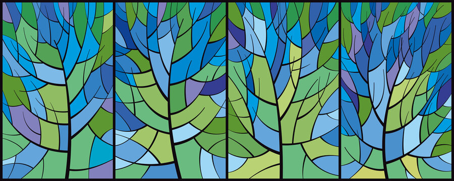 Stained glass trees. A set of four vertical pictures. Tree branches and bright colored tiles
