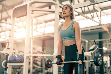 Woman has workout in gym with sports equipment. Sporty female exercise with weight training in the gym.