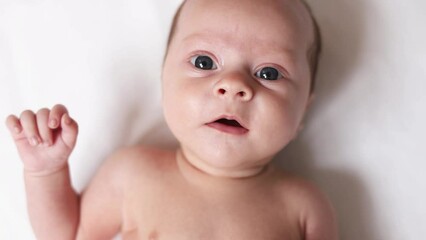 Video portrait of a baby toddler on a white background . Happy baby. A happy child. An infant looks into the camera . White background. High quality FullHD footage
