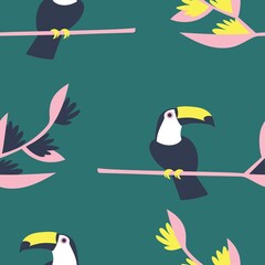 Toucan and heliconia flowers seamless pattern vector. Hand-drawn toucan birds on branches of heliconia flower minimalist endless texture. Exotic flora and fauna seamless pattern vector © Anastasia Rybalka