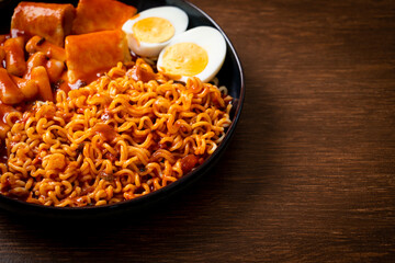 Korean instant noodles with Korean rice cake and fish cake and boiled egg