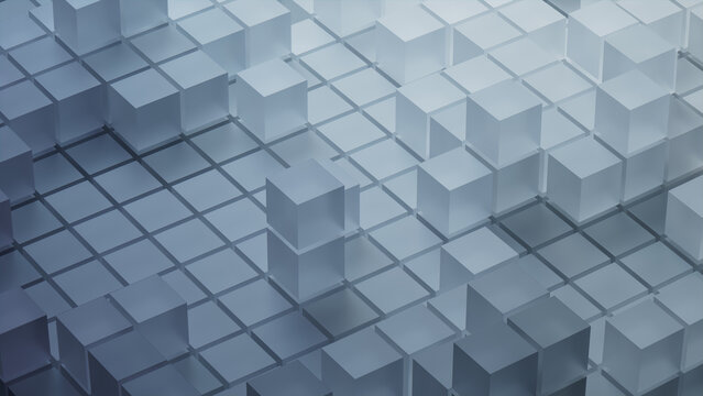 Grey, Translucent Cubes Precisely Arranged to create a Modern Tech Background. 3D Render.