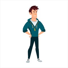 Cartoon coach character, sports trainer. Mascot for the gym