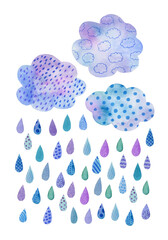 Watercolor illustration clouds with rain drops.