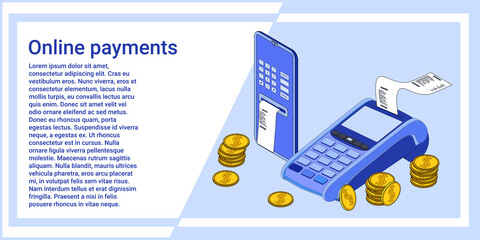 Online payments.A payment terminal, a smartphone with an application for payment and coins.the concept of secure money transfers.An illustration in the style of the landing page is blue.