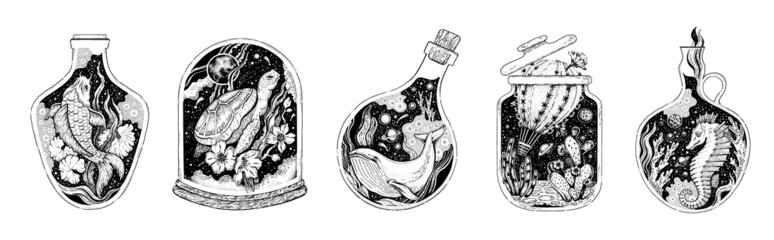 Surreal Tattoo art design. Mystic moon illustration. Esoteric Ocean set with whale turtle koi fish sea horse. Vector line boho pattern. Witch magic tshirt. Bottle jar t shirt. Tribal celestial tattoo © Olga Che