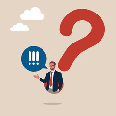 Determination entrepreneur comes out from question mark sign to answer question. Answer business question, determination or sill and decision to solve problem, FAQ frequently asked questions concept.