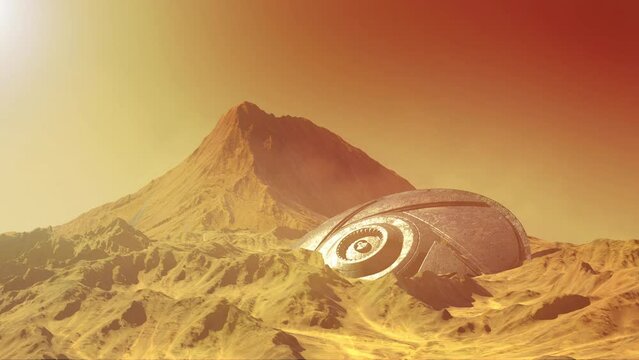Flying saucer ufo crashing on planet mars surface

3D rendering, cinematic view of alien spacecraft debris on red planet mars

