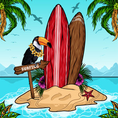 surfboard and toucan bird vector illustration