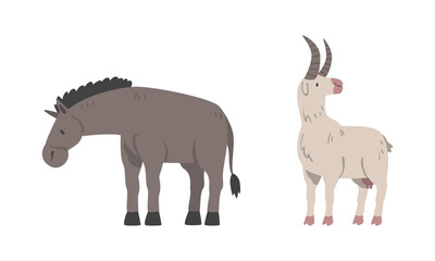 Donkey and Goat as Hoofed Mammal and Farm Animal Vector Set