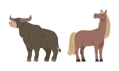Bull and Horse with Mane as Hoofed Mammal with Horns and Farm Animal Vector Set