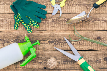 Pruners, rake, pressure sprayer, garden gloves, shovel and protective glasses on boards