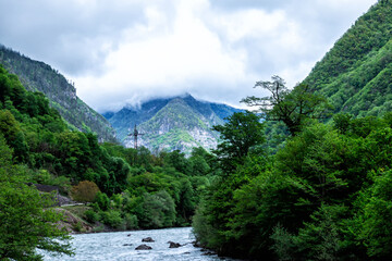 Mountain river and forest covered with low overcast clouds