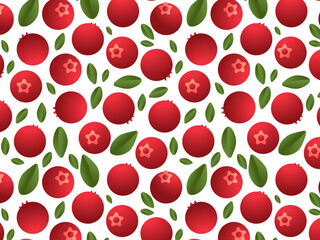 Cranberry seamless pattern with leaves. Fruits of lingonberry on the white background. Red berries wallpapers. 