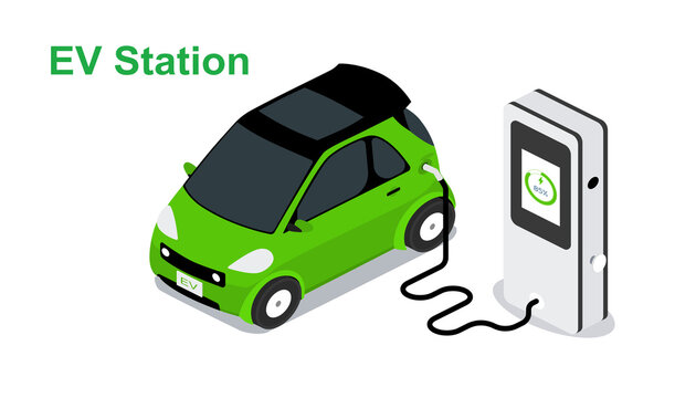 Green energy technology concept. Electric car charge  battery in charging station. Isometric vector design.