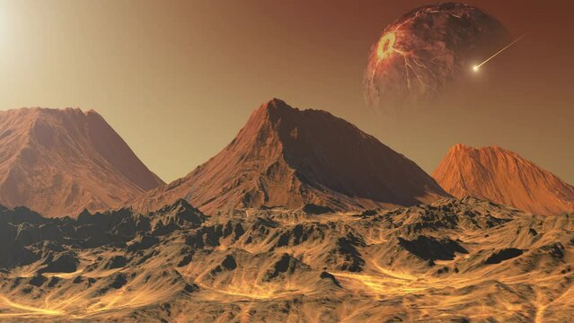 Alien red planet with dead star above
3D rendering, cinematic view of alien dead star concept concept
