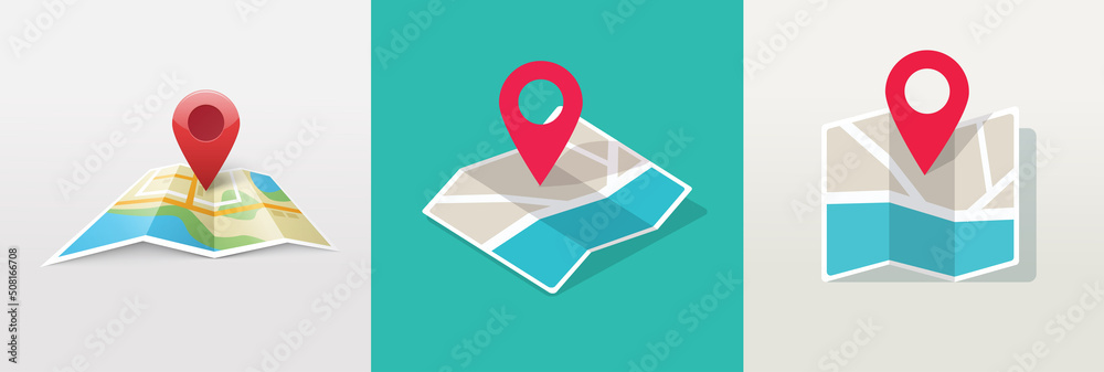 Poster map icon with pin gps vector flat and location marker pointer place in isometric design, concept of 