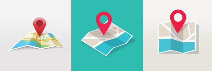 Fototapeta Map icon with pin gps vector flat and location marker pointer place in isometric design, concept of road trip direction position symbol, travel destination trip point, city street navigator image obraz