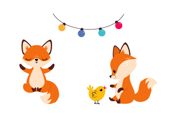 Cute Red Fox Playing with Yellow Chick and Meditating in Yoga Pose Vector Set