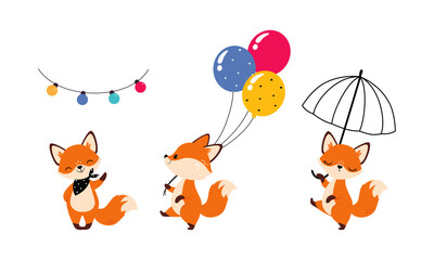 Cute Red Fox Walking with Umbrella and Carrying Bunch of Balloons Vector Set