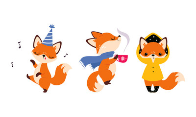 Cute Red Fox Drinking Hot Tea Warming and Singing Song Vector Set