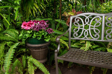 An empty park bench invites weary walkers for a rest in the lush greenery of the Centennial Park...