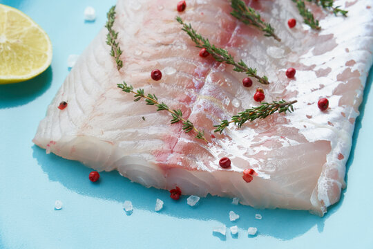 Fillet Of Raw White Walleye Fish On A Blue Plate On A White Background. Whole Piece Of Fresh Fish