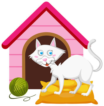 White cat with house in cartoon style