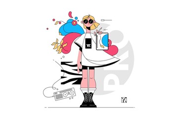 Girl holding graphic tablet with painting