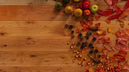 Thanksgiving frame with Gourds, Pine cones, Autumns leaves and Berries.