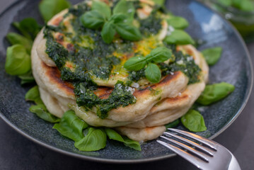 typical flatbread with wild garlic pesto