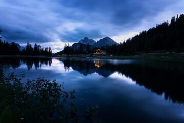 Lake Antorno in the Dolomites on a dusk evening. 