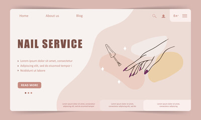 Nail service landing page template. Linear female hands. Beauty logo for manicure studio or spa salon. Vector Illustration in flat cartoon style. Website design. - obrazy, fototapety, plakaty