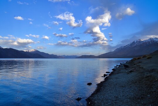 Pangong Lake Landscape with Snowy Mountains in Background