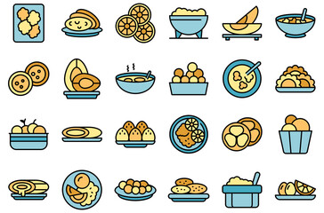 Brazilian culinary icons set outline vector. Arancini bread. Rice plate thin line color flat on white