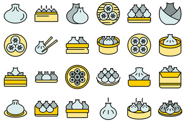 Baozi icons set outline vector. Asia appetizer. Bun china thin line color flat on white