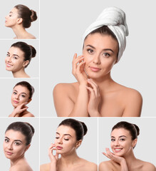 Collage with attractive young woman on light background. Skin care concept