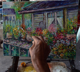 Art painting Hand drawn Oil color abstract flowers  in  garden   