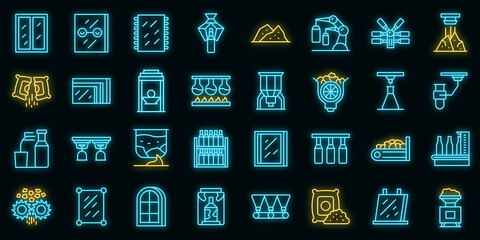 Glass production icons set outline vector. Raw manufacturing. Window supply vector neon