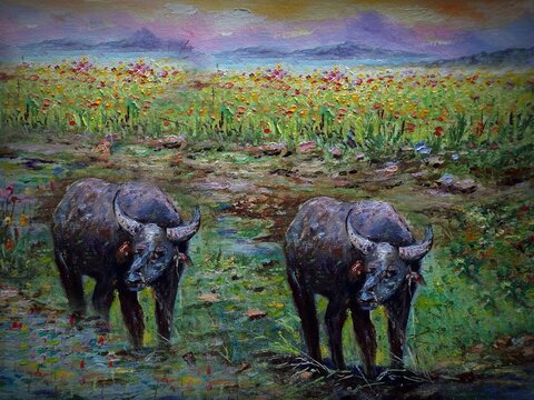  Art painting Oil color Hut northeast Thailand Countryside  ,   plowman   buffalo
