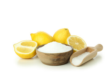 Concept of household cleaners with lemon acid, isolated on white background